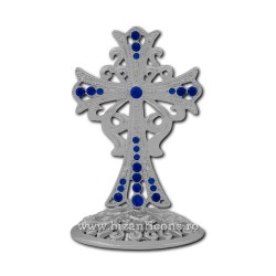 6-122Ag σταυρό μεταλλικό ασημί + μπλε πέτρες για να 8cm 120/κιβώτιο
