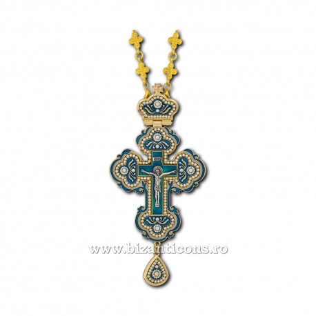 The CROSS in BUCHAREST Byzantium large - metal-gold plated - blue enamel D-100-28Au-a-b