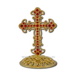 6-121Au cross, metal, gold + red stone 7cm 120/box