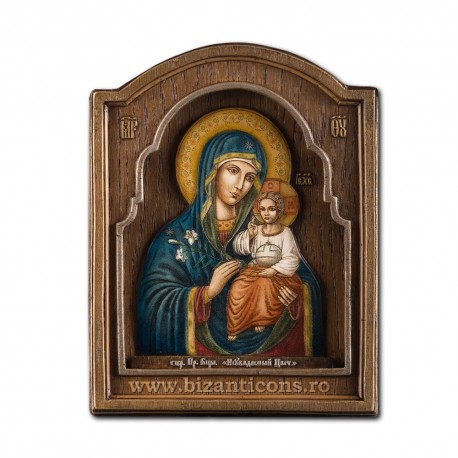 Icoana pictata in relief -Maica Domnului cu Crin 16x21cm BG-77 Icoana pictata in relief -Maica Domnului cu Crin 16x21cm BG-77