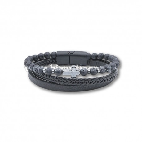 27-811 metanie piele subtire + bile - dubla - cruce hematit 12/set