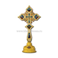 CRUCE Bin. 1,2x19x31+8cm - aurita - medalioane icoana ceramica + BAZA D101-45AuB