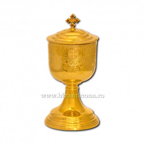 Potir impartasanie cu capac - aurit si gravat 350 ml AT 103-82