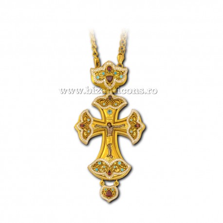 CRUCE Stavrofor Bronz argintat si aurit - piatre rosii si blue AT 140-168