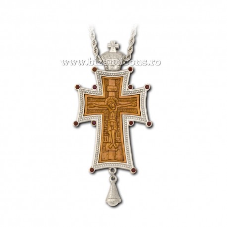 CRUCE Stavrofor argintata - pietre - lemn sculptat - 9x4,5 cm MT 140-230