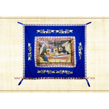 Epitaf Brodat textil - cu icoana printata Punerea in Mormant - ALBASTRU 108x140 cm