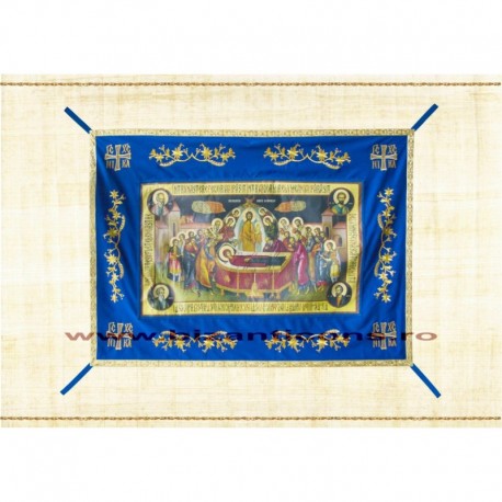 Epitaf Brodat textil - cu icoana printata Adormirea MD - ALBASTRU 108x140 cm
