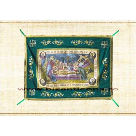 Epitaf Brodat textil - cu icoana printata Punerea in Mormant - VERDE 108x140 cm