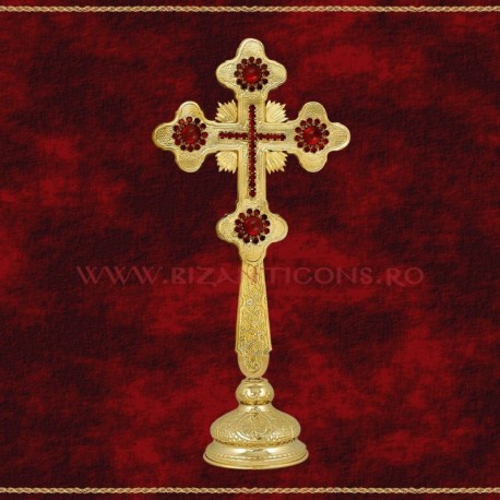 Cruce Binecuvantare Aurita 29 cm + pietre rosii + BAZA detasabila
